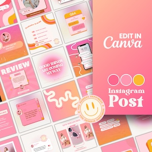 Bright Pink Instagram Post Template Bundle, Retro Style, Positive Quotes, Branding & Review Posts, Colorful Pink Instagram Post Template