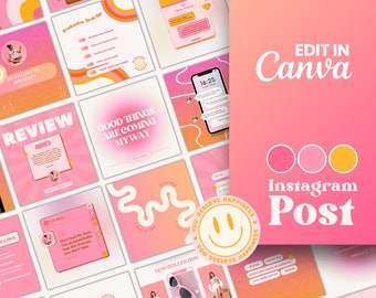 Bright Pink Instagram Post Template Bundle, Retro Style, Positive Quotes, Branding & Review Posts, Colorful Pink Instagram Post Template