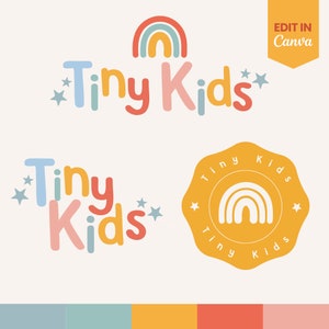 May include: A logo design for a business called "Tiny Kids" featuring a rainbow and stars in a variety of colours, including pink, blue, yellow, and orange. The logo is displayed in two different styles, one with the text in a playful font and the other with the text in a circle with a rainbow inside.