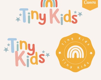 May include: A logo design for a business called "Tiny Kids" featuring a rainbow and stars in a variety of colors, including pink, blue, yellow, and orange. The logo is displayed in two different styles, one with the text in a playful font and the other with the text in a circle with a rainbow inside.