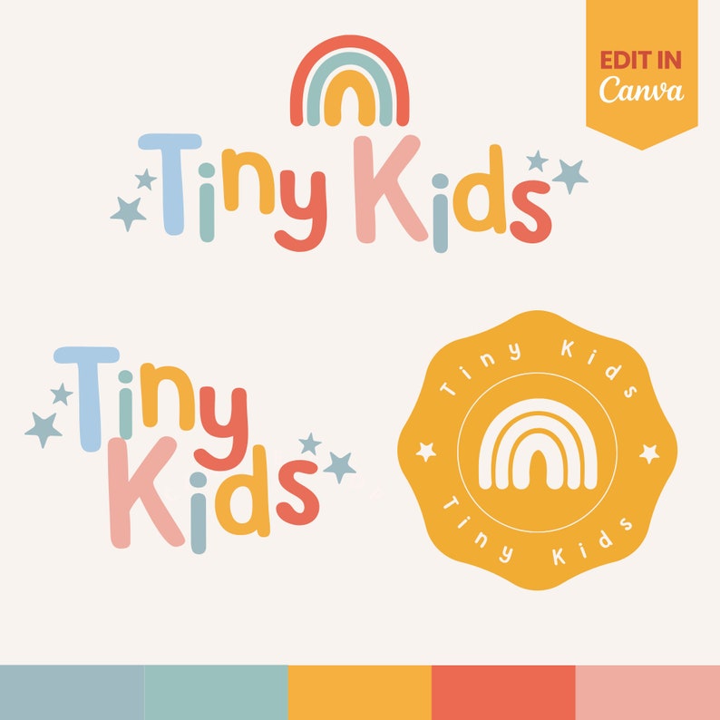 May include: A logo design for a business called "Tiny Kids" featuring a rainbow and stars in a variety of colors, including pink, blue, yellow, and orange. The logo is displayed in two different styles, one with the text in a playful font and the other with the text in a circle with a rainbow inside.