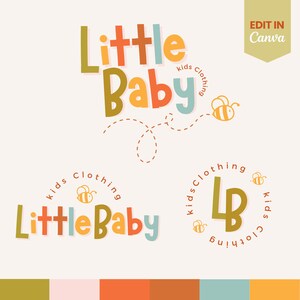May include: A logo design for a children's clothing brand called "Little Baby". The logo features the words "Little Baby" in a playful, colorful font with a bee flying above the text. The text "Kids Clothing" is also included in the logo.