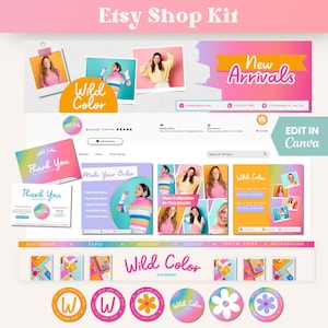 May include: Etsy shop kit for a brand called "Wild Color" with a pink, yellow, and blue color scheme. The kit includes stationery, paper, markers, clipart, digital paper, and backgrounds. The kit also includes a thank you card, a make your order card, and a new collection card. The kit is editable in Canva.