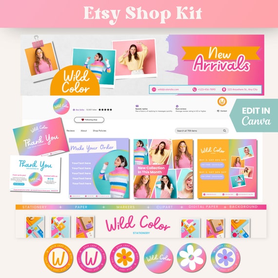 Colorfull Etsy Shop Template, Etsy Shop Template, Fun Bright Branding,  Rainbow Etsy Bundle,  Etsy Shop Banner, Etsy Branding Kit, Pink Etsy