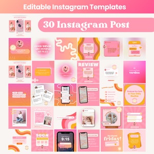 May include: A collection of 30 pink and orange Instagram post templates with various designs and text. The text includes "New Collection", "Good Things Are Coming My Way", "Review", "Q&A", "My Best Version", "Productive To-Do List", "Products You Need In Your Daily Routine", "Collection", "Soon New Release", "Happiness New Collection", "It's Almost Friday!" and more.