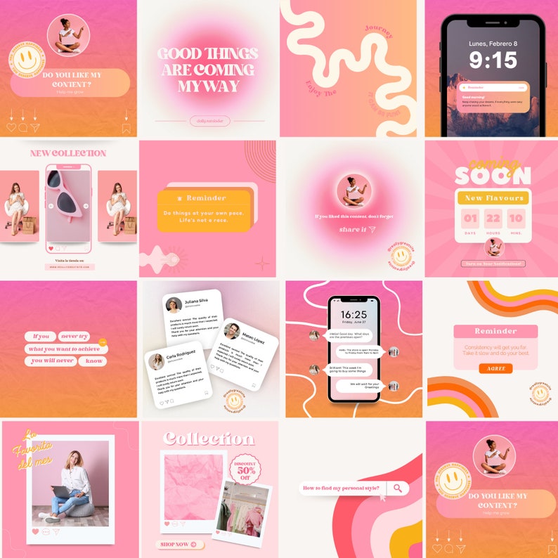 Bright Pink Instagram Post Template Bundle, Retro Style, Positive Quotes, Branding & Review Posts, Colorful Pink Instagram Post Template image 10