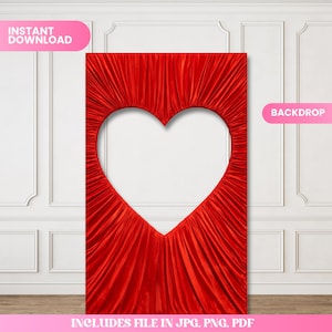 Puede incluir: Un telón de fondo rojo con un recorte en forma de corazón. La palabra "BACKDROP" está en un rectángulo rosa. También son visibles las palabras "INSTANT DOWNLOAD" e "INCLUDES FILE IN JPG, PNG, PDF". El telón de fondo está contra una pared blanca.