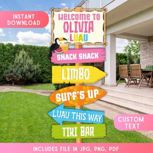 Puede incluir: Un cartel de bienvenida colorido para una fiesta de luau con el nombre Olivia. El cartel tiene flechas que apuntan a diferentes actividades como Snack Shack, Limbo, Surf's Up, Luau This Way y Tiki Bar. El cartel está decorado con un tucán, una piña y una sandía.