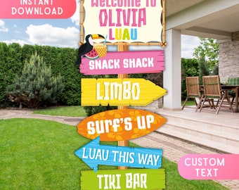 May include: A colorful welcome sign for a luau party with the name Olivia. The sign has arrows pointing to different activities like Snack Shack, Limbo, Surf's Up, Luau This Way, and Tiki Bar. The sign is decorated with a toucan, a pineapple, and a watermelon.