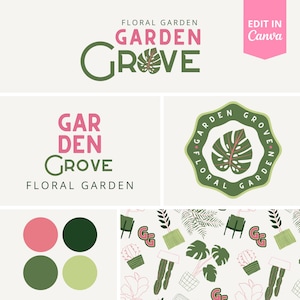 Puede incluir: Un diseño de logotipo para un negocio llamado "Garden Grove" que se especializa en jardines florales. El logotipo presenta un círculo verde con el texto "Garden Grove" en letras blancas. La "G" de Grove se reemplaza por una hoja verde. El logotipo también incluye el texto "Floral Garden" en letras más pequeñas debajo del círculo. La paleta de colores incluye rosa, verde y verde claro.