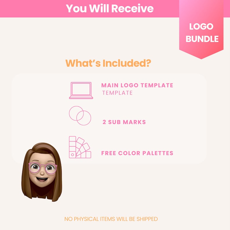 May include: A digital illustration of a logo bundle, including a main logo template, two sub marks, and free color palettes. The illustration features a laptop, two overlapping circles, and a color palette.