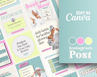 Pastel Colorful Instagram Post Template Bundle, Blue and pink Social Media, aesthetic instagram post template, Branding & Review Post, Canva