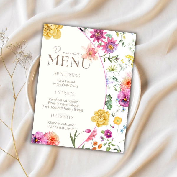 Minimal floral Menu Template, Mother's Day floral Template, watercolor flowers menu, Spring Menu, Minimalist Printable Wedding Menu