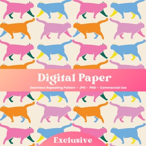 Digitalt kattpapper, digitalt katttryck, illustrerat digitalt kattpapper, sömlös kattbakgrund, papper för kattklippbok, färgglatt kattmönster