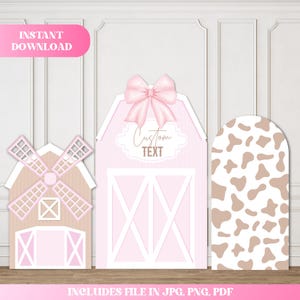 Puede incluir: Recortes con temática de granja en rosa y beige. El conjunto incluye un granero rosa con un lazo, un molino de viento y un arco con estampado de vaca. El granero tiene espacio para texto personalizado. También se ven las palabras "INSTANT DOWNLOAD" e "INCLUDES FILE IN JPG, PNG, PDF".