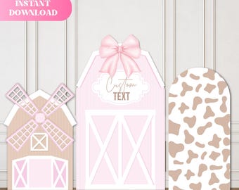 Pink Farm Party Backdrop Set, Girly Barn Birthday Decor, Pink Barn sign custom text, Cow Print Backdrop, Pink Barnyard Birthday