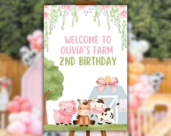 Farm Girl Welcome Sign Editable, Cute Farm Welcome Sign, Floral Pink Farm Birthday, Farm Animals Watercolor, Pink Farm Birthday editable