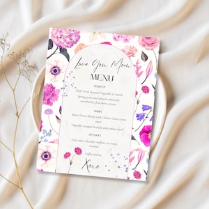 Minimal floral Menu Template, Menu Mothers day, Watercolor Flowers Menu, Spring Menu, Minimalist Wedding Menu, Boho Menu, Gift For Her
