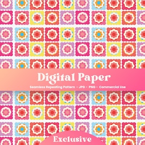 Puede incluir: Un patrón de papel digital sin costuras con un diseño repetitivo de flores coloridas en cuadrados. El fondo es blanco y las flores son en tonos de rosa, amarillo, azul y naranja. El texto "Digital Paper" y "Exclusive" está incluido en la imagen.