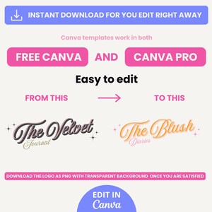 May include: A graphic design template for a logo that says "The Velvet Journal" in a pink and black font with a sparkly design. The template is easy to edit in Canva and can be downloaded as a PNG with a transparent background.