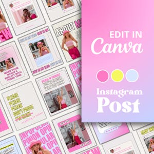 Pacote de modelos de posts rosa para Instagram, modelos modernos e femininos para Canva, estilo feminino, modelos para posts de marca e avaliações.