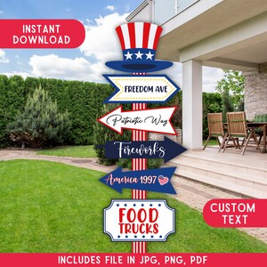 Puede incluir: Un cartel patriótico rojo, blanco y azul con flechas que apuntan en diferentes direcciones. El cartel tiene las palabras "Freedom Ave", "Patriotic Way", "Fireworks", "America 1997" y "Food Trucks".