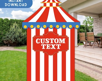 Peut inclure: Un design de chapiteau de cirque à rayures rouges et blanches avec une bordure bleue et jaune. Les mots "INSTANT DOWNLOAD" sont dans une bannière bleue. Les mots "CUSTOM TEXT" sont dans un panneau rouge. Le bas de l'image indique "INCLUDES FILE IN JPG, PNG, PDF".