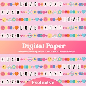 Puede incluir: Un patrón de papel digital sin costuras con un diseño repetitivo de cuentas de colores, corazones, signos de paz, caras sonrientes, arcoíris, flores, estrellas y frutas cítricas. El patrón también incluye las palabras "LOVE" y "XOXO" en texto blanco sobre un fondo rosa.