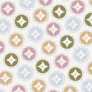May include: A seamless pattern featuring repeating circles with a diamond shape in the center. The circles are in shades of light blue, light pink, light brown, and green. The text "The Velvet Journal" is written around the outside of each circle.
