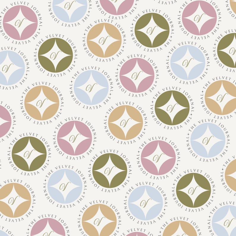 May include: A seamless pattern featuring repeating circles with a diamond shape in the center. The circles are in shades of light blue, light pink, light brown, and green. The text "The Velvet Journal" is written around the outside of each circle.