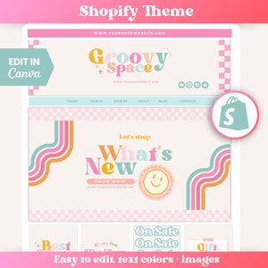 Könnte beinhalten: Eine rosa und blaue Website-Vorlage für einen Online-Shop mit dem Text "Groovy Space" und "Let's shop What's New". Die Vorlage verfügt über einen karierten Hintergrund und bunte, wellenförmige Linien.