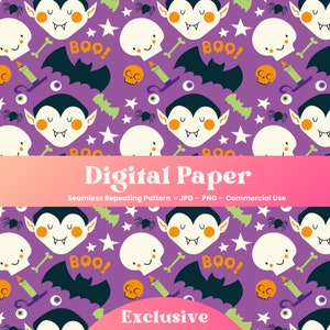 Puede incluir: Un patrón sin costuras con un fondo morado con varios elementos de temática de Halloween, incluyendo murciélagos, calaveras, estrellas, huesos, ojos y caras de vampiros lindas. El texto "BOO!" aparece varias veces en todo el patrón. Los textos "Digital Paper" y "Exclusive" también se incluyen en el diseño.