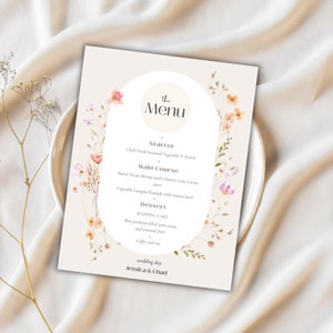 Floral Watercolor wedding menu,  Cursive Floral Menu, Botanical Wedding Menu, Wildflower menu template, Elegant Floral Wedding Menu Template