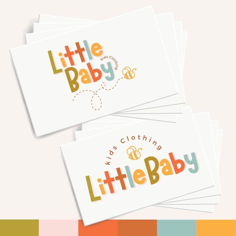 Puede incluir: Una pila de tarjetas de visita blancas con el texto "Little Baby Kids Clothing" y una abeja de dibujos animados. El logotipo est&aacute; en una fuente colorida y divertida.