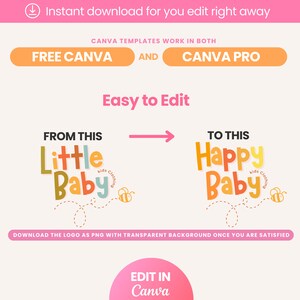 Puede incluir: Una plantilla de dise&ntilde;o gr&aacute;fico para un logotipo de ropa para ni&ntilde;os. La plantilla muestra c&oacute;mo cambiar el texto de "Little Baby" a "Happy Baby". El logotipo presenta una abeja y una l&iacute;nea curva.