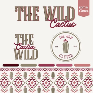 Puede incluir: Un diseño gráfico con el texto "THE WILD Cactus" en varios estilos y colores. El diseño incluye un logotipo circular con una ilustración de cactus y las palabras "THE WILD Cactus EST 1970". También hay un borde decorativo con patrones geométricos.
