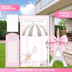 Puede incluir: Un paquete de descarga digital rosa y blanco con temática parisina. Incluye una cabina telefónica, una bicicleta con una cesta de flores, un escaparate con el texto "Custom Text Patisserie", un lazo y un recorte de la Torre Eiffel. También se ven las palabras "Descarga instantánea" y "Paquete de 4 piezas".