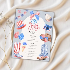 4th Of July Watercolor Menu Template, Fourth of July Menu Template Printable, Patriotic Menu Template, Independence Day Watercolor Menu