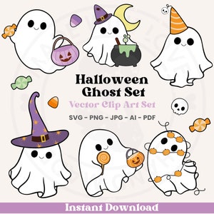 May include: Set of six Halloween ghost illustrations. The ghosts are white with black outlines and have different expressions and accessories. One ghost is wearing a witch's hat, another is wearing a party hat, and another is holding a cauldron. The ghosts are all smiling and have big eyes.