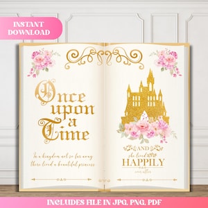 Once Upon a Time book Backdrop, Princess Party Backdrop, Fairytale Castle Birthday Decor, Custom Text, Princess Party Decor, Girl Birthday