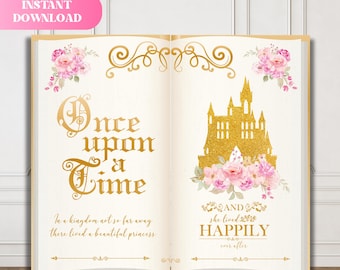 Décor de livre Once Upon a Time, décor de fête de princesse, décor d'anniversaire de château de conte de fées, texte personnalisé, décor de fête de princesse, anniversaire de fille