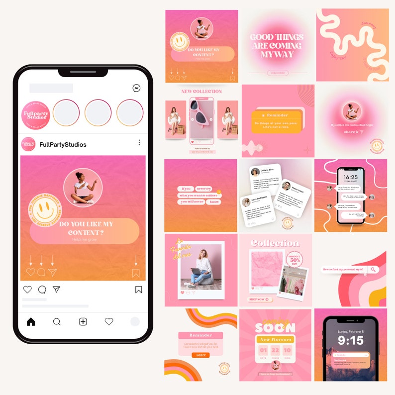 May include: A pink and orange Instagram grid with a variety of images and text. The grid includes images of a woman, a phone, a laptop, and a variety of other objects. The text includes phrases like "Do you like my content?" and "Good things are coming my way."