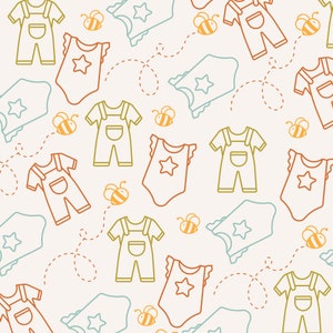 Puede incluir: Un patr&oacute;n sin costuras que presenta una variedad de ropa para beb&eacute;s, incluyendo bodies, monos y baberos. El patr&oacute;n est&aacute; en una gama de colores azul claro, verde y naranja e incluye peque&ntilde;as ilustraciones de abejas.