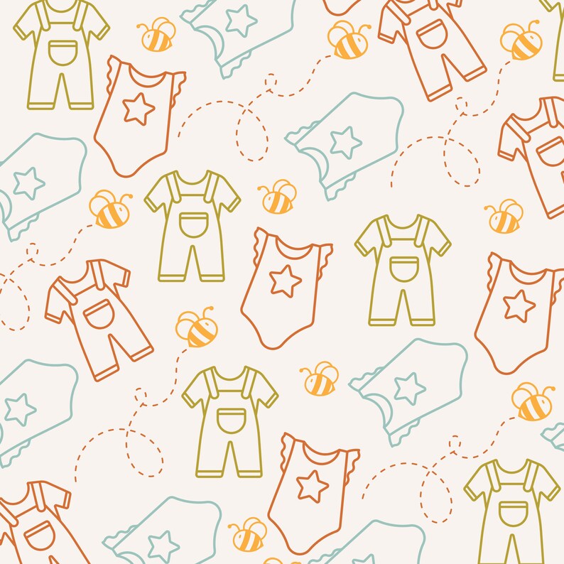 Puede incluir: Un patr&oacute;n sin costuras que presenta una variedad de ropa para beb&eacute;s, incluyendo bodies, monos y baberos. El patr&oacute;n est&aacute; en una gama de colores azul claro, verde y naranja e incluye peque&ntilde;as ilustraciones de abejas.