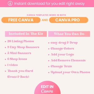 以下が含まれることがあります： 白地に「FREE CANVA」と「CANVA PRO」の文字が書かれたピンクとオレンジのグラフィック。グラフィックには、Canvaで編集できる20枚の商品写真、9枚のEtsyショップバナー、5枚のミニバナー、6つのショップアイコン、1本のビデオ、およびお礼状（表と裏）のリストも含まれています。グラフィックには、テンプレートを編集するために使用できる機能のリストも含まれており、簡単なドラッグアンドドロップ、色の変更、ロゴの追加、要素の追加/削除、テキストの変更、独自の画像のアップロードなどが含まれています。
