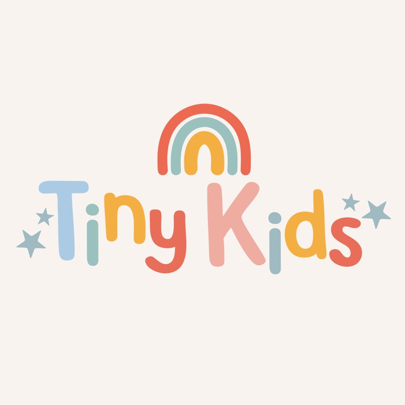 May include: A colorful logo with the text "Tiny Kids" in a rainbow font with a rainbow arc above the text and two stars on either side.