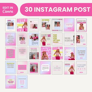 May include: A collage of 30 pink and white Instagram post templates with text overlays. The templates feature a woman in various poses, including holding a drink, wearing a hat, and smiling. The text on the templates includes phrases like "Review", "About Me", "Manifest Your Dreams", and "You Need To Know This".