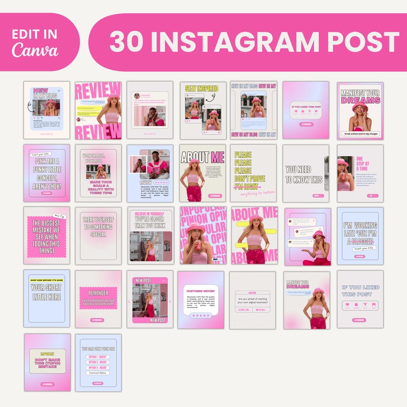 May include: A collage of 30 pink and white Instagram post templates with text overlays. The templates feature a woman in various poses, including holding a drink, wearing a hat, and smiling. The text on the templates includes phrases like "Review", "About Me", "Manifest Your Dreams", and "You Need To Know This".