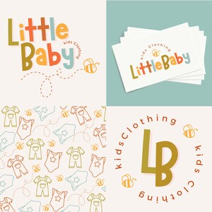 Puede incluir: Un dise&ntilde;o de logotipo para una marca de ropa para ni&ntilde;os llamada "Little Baby". El logotipo presenta una fuente l&uacute;dica con una abeja y un patr&oacute;n de ropa de beb&eacute; y abejas. El texto "Kids Clothing" tambi&eacute;n est&aacute; incluido en el logotipo.