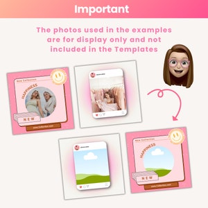May include: Three pink Instagram post templates with a white circle in the center. The circle contains the text "New Collection", "HAPPINESS", and "NEW". The first template has a photo of two women in the circle. The second template has a photo of a woman in a pink dress in the circle. The third template has a photo of a green field and a white cloud in the circle.